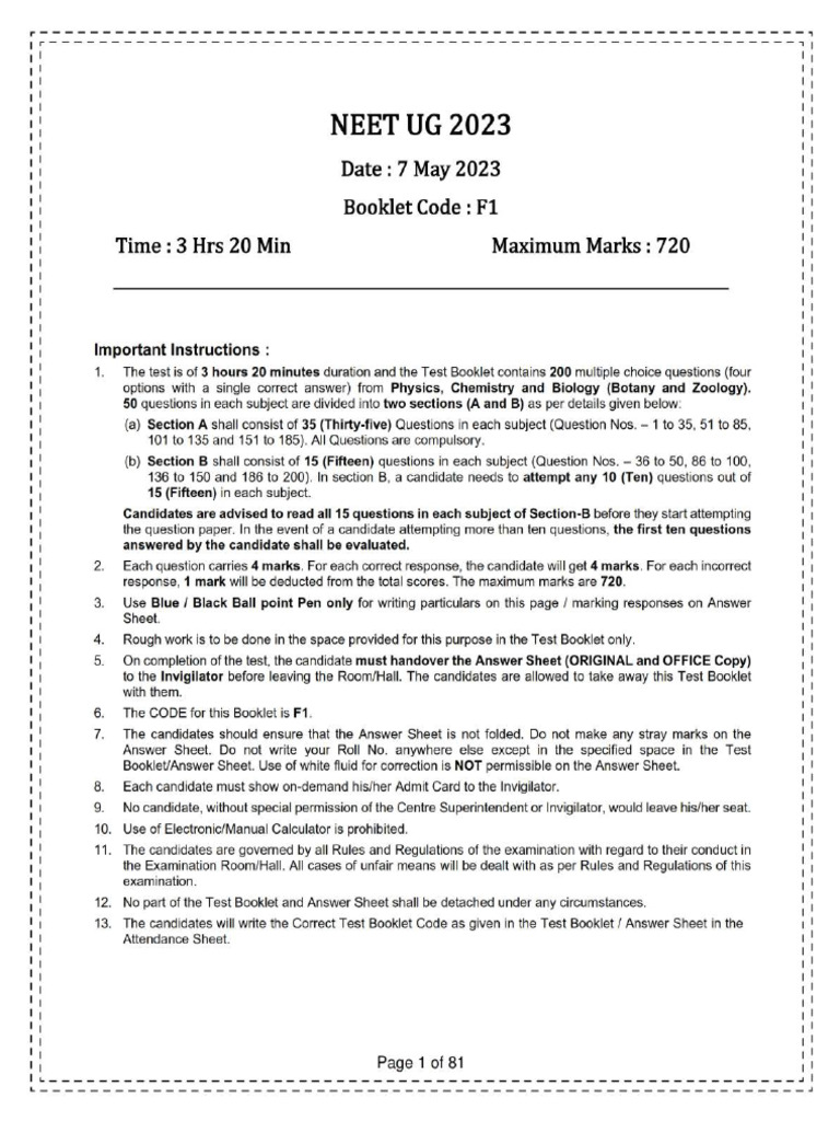 Neet Code F1 2023 | PDF image.