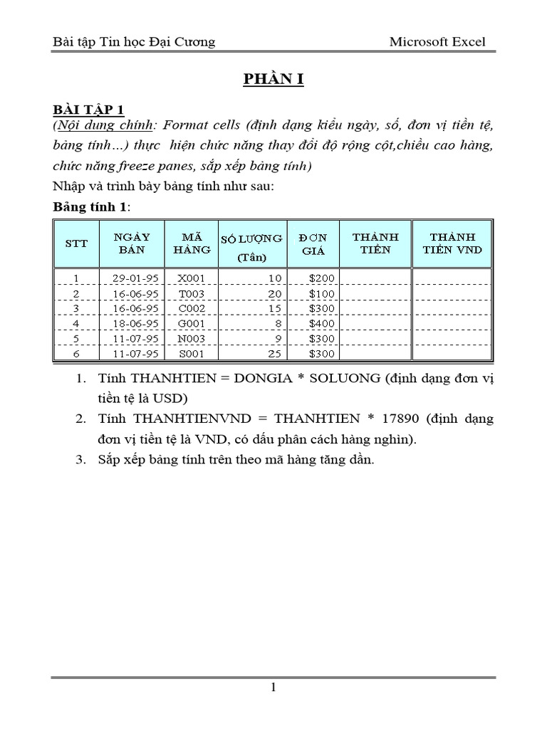 Tindc Bai Tap Excel 1 | PDF