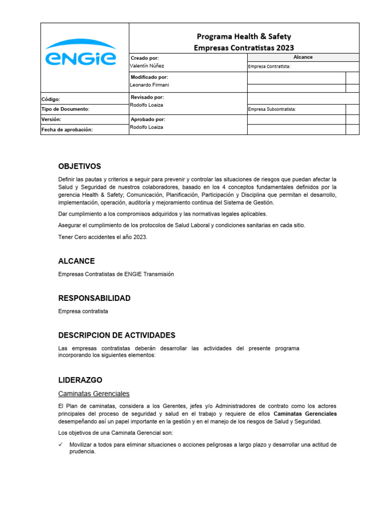 Programa Health & Safety Empresas Contratistas 2023 | PDF | Seguridad y ...