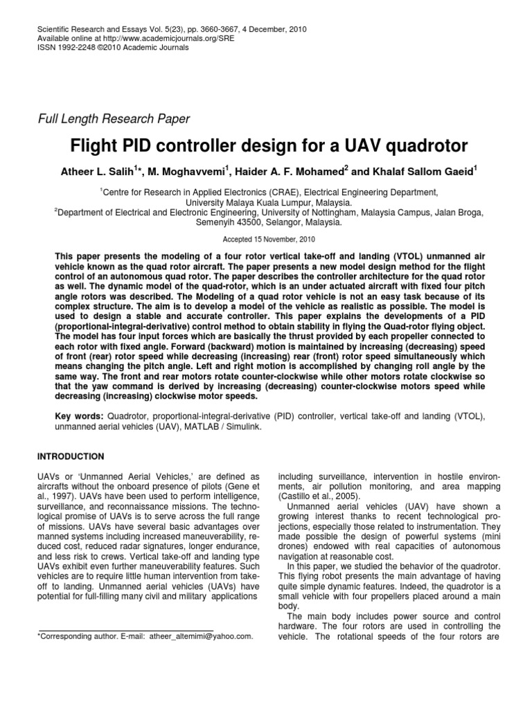 Flight PID Controller Design For A UAV Quadrotor | PDF | Quadcopter ...