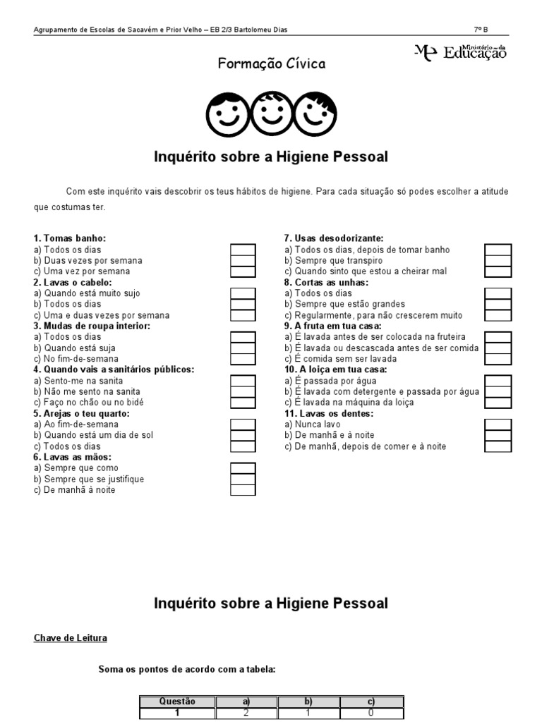 Inquérito sobre Hábitos de Higiene Pessoal | PDF