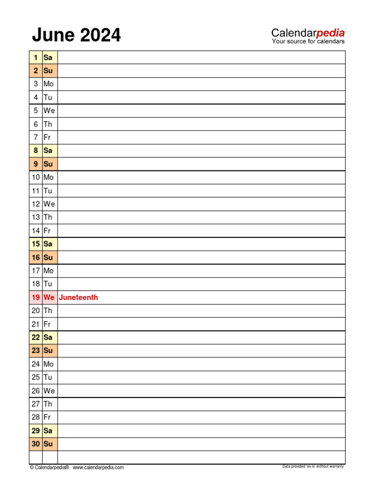 June 2024 Calendar Portrait Days Vertically PDF