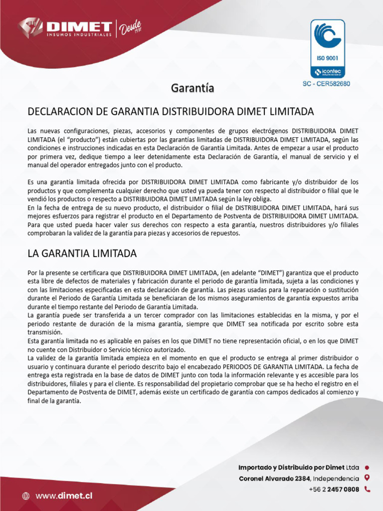 Garantía Limitada de Grupos Electrógenos DIMET | PDF