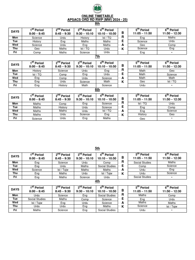 APSACS 2024-25 Timetable PDF | PDF | Social Science | Language Arts ...