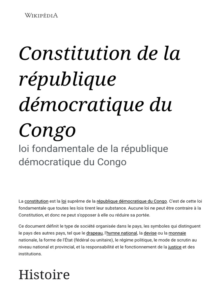 Constitution de la RDC : Histoire et Évolution | PDF | Documents légaux ...