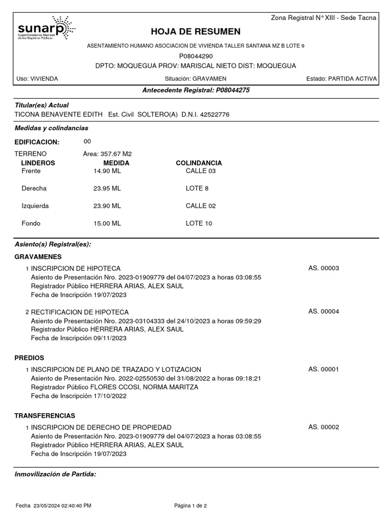 Ejemplo de Partida Registral Inmueble | PDF | Ley de recursos naturales ...