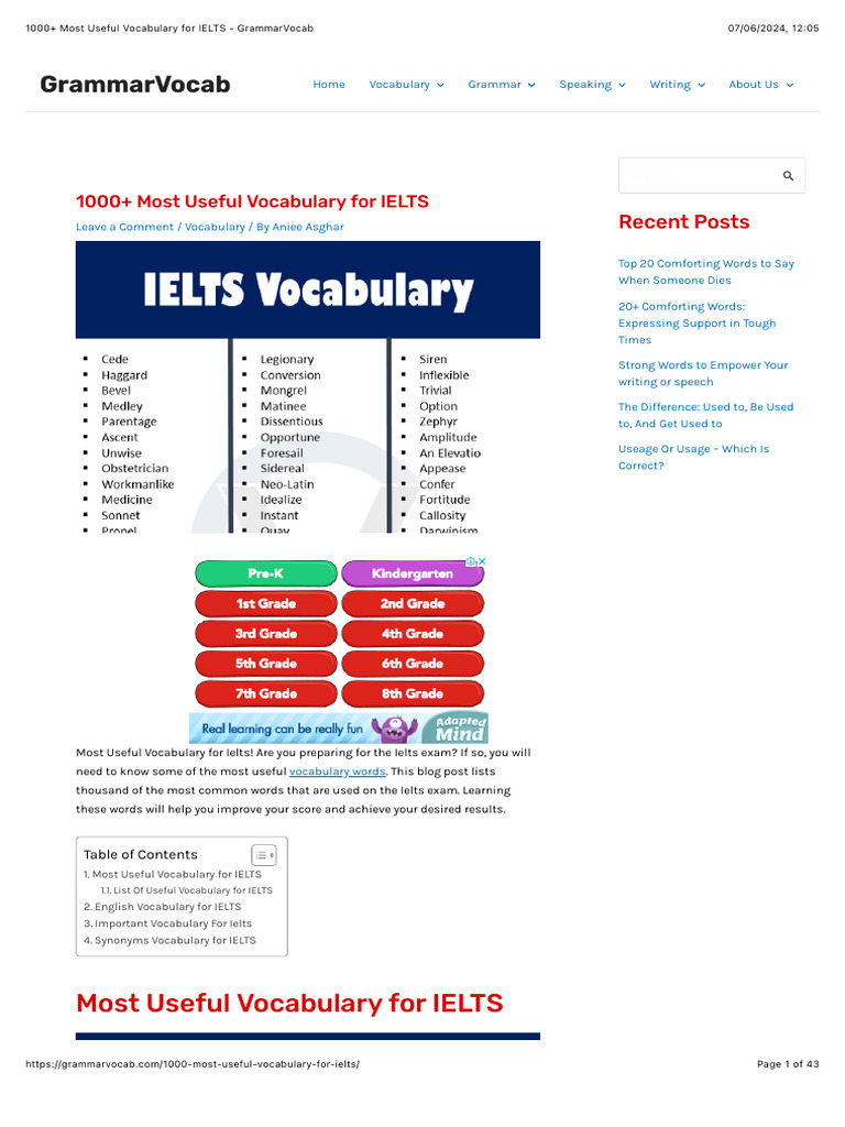 1000 Most Useful Vocabulary For Ielts Grammarvocab Pdf