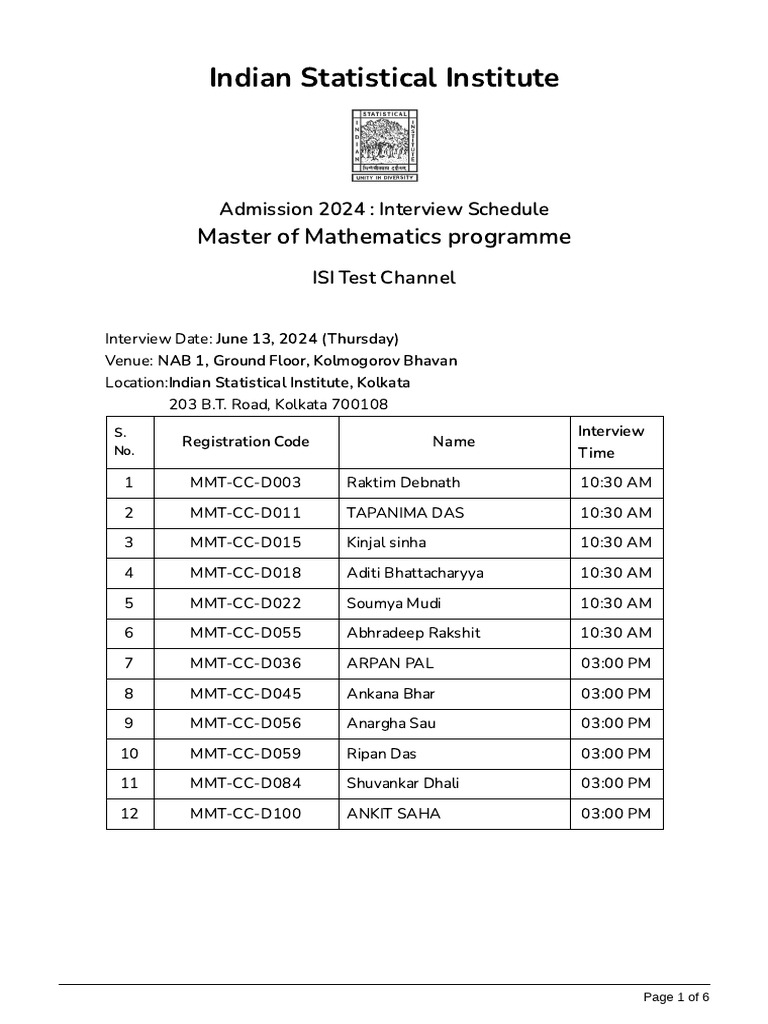 ISI M.Math Interview Schedule 2024 | PDF