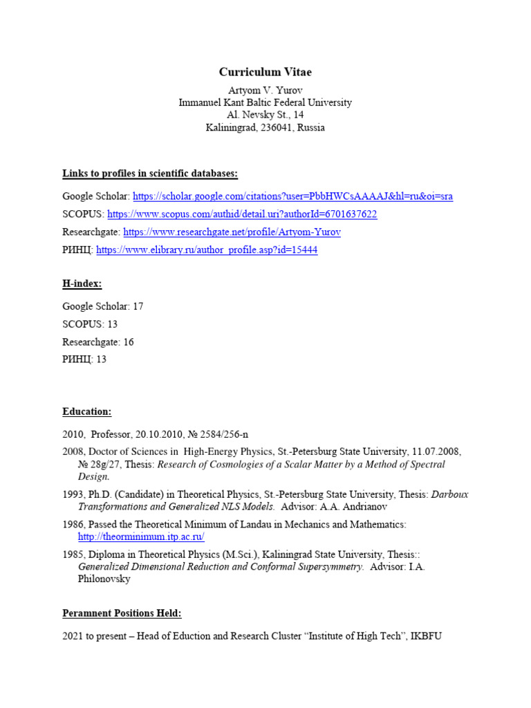 Artyom V. Yurov's Academic CV | PDF | Physics | Scientific Theories