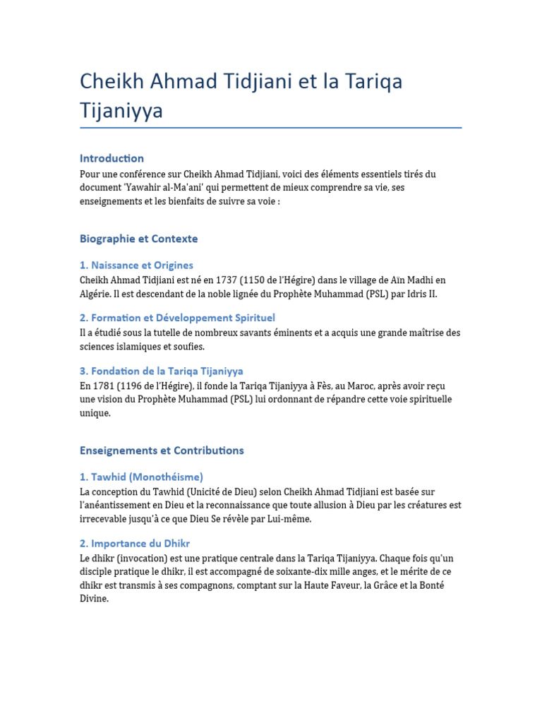 Cheikh Ahmad Tidjiani et la Tariqa Tijaniyya | PDF | Tawhid | Mahomet