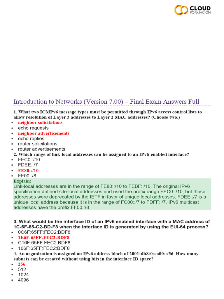 IPv6 Networking Final Exam Answers | PDF | I Pv6 | Computer Network