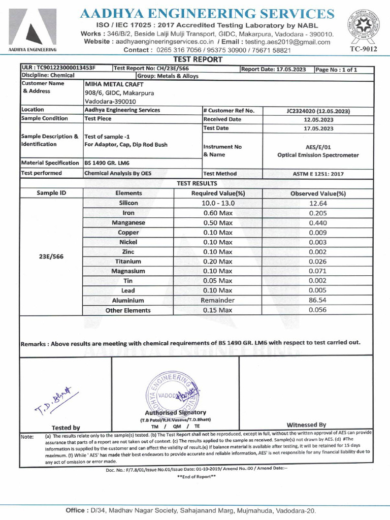 Adaptor Cap Dip Rod Bush Chemical Lab Test Report CH-23E-566 MIHA METAL ...