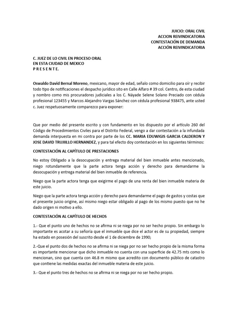 Contestación a Demanda Reivindicatoria | PDF | Demanda judicial ...