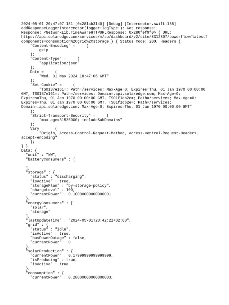 SolarEdge API Response Log | PDF | Ios | Http Cookie