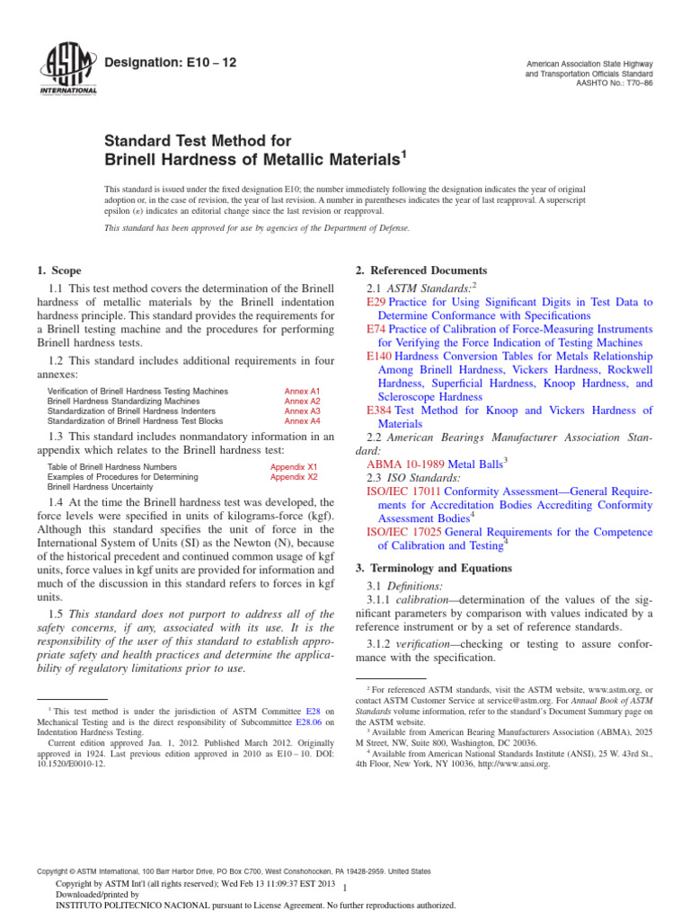 Brinell Hardness of Metallic Materials: Standard Test Method For | PDF ...