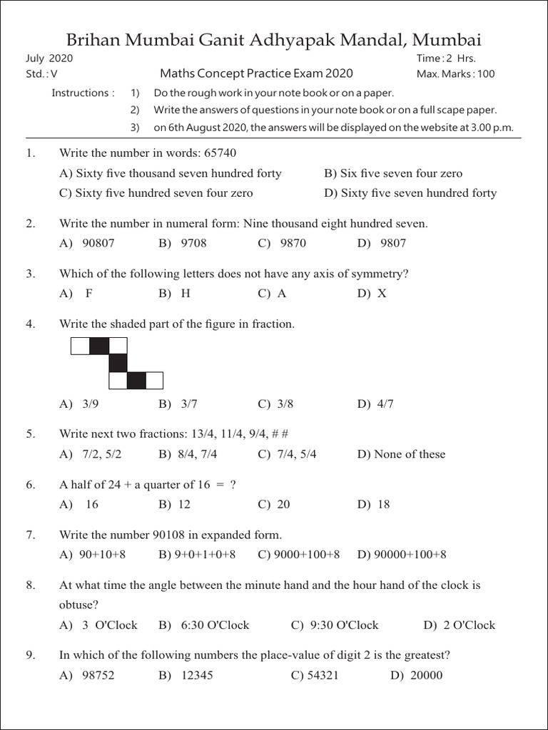 Std V Maths Concept Exam 2020 | PDF | Area | Numbers