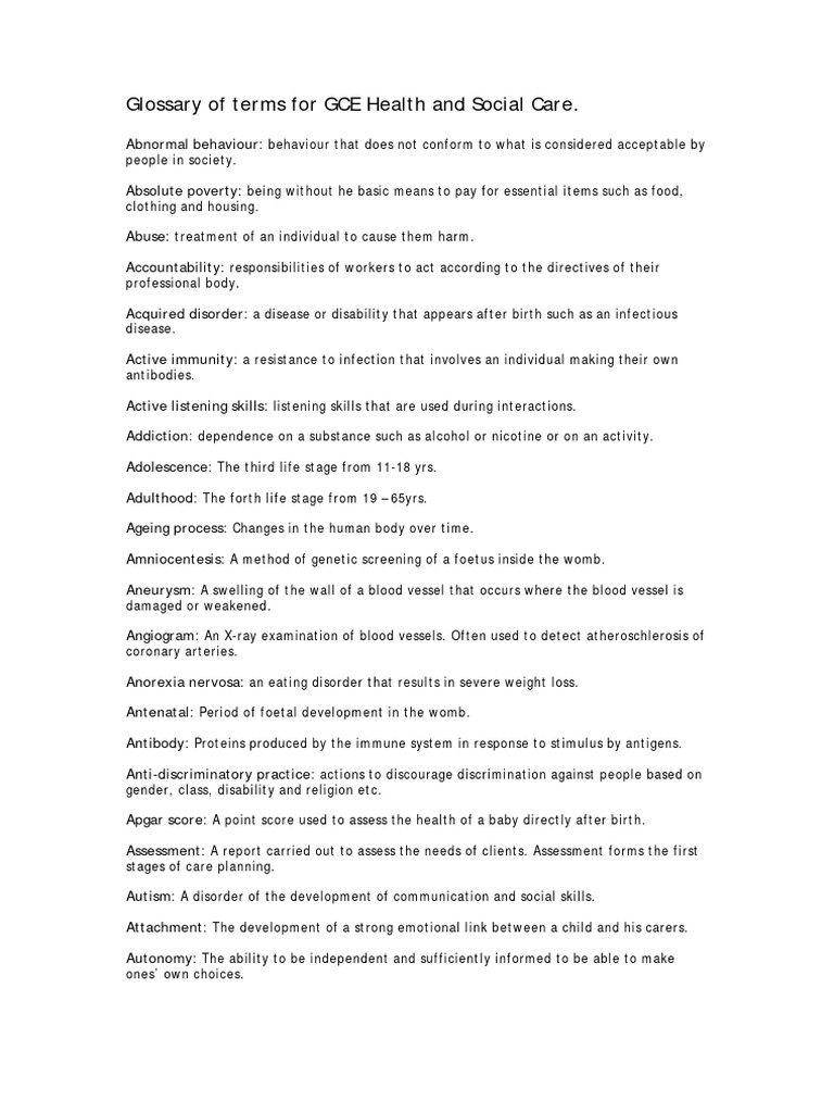 225472 Glossary of Terms | PDF | Social Work | Nursing