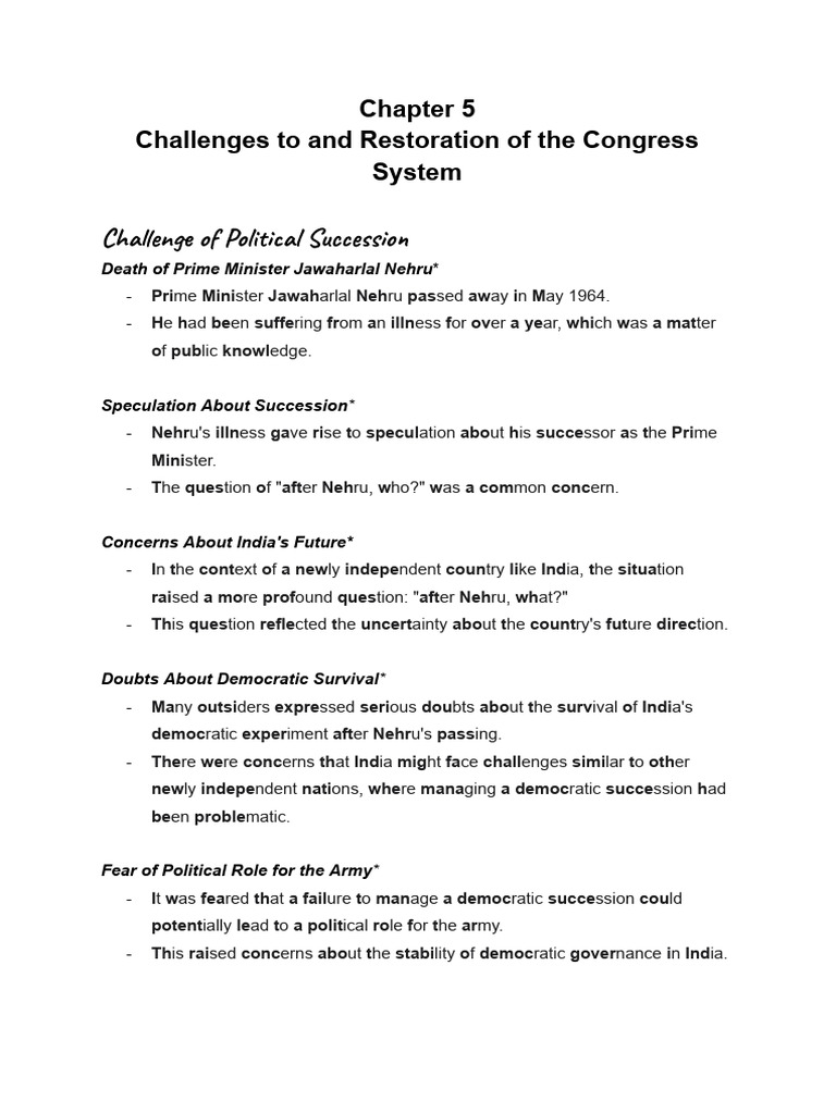 Chapter 5 - Challenges To and Restoration of The Congress System Notes ...