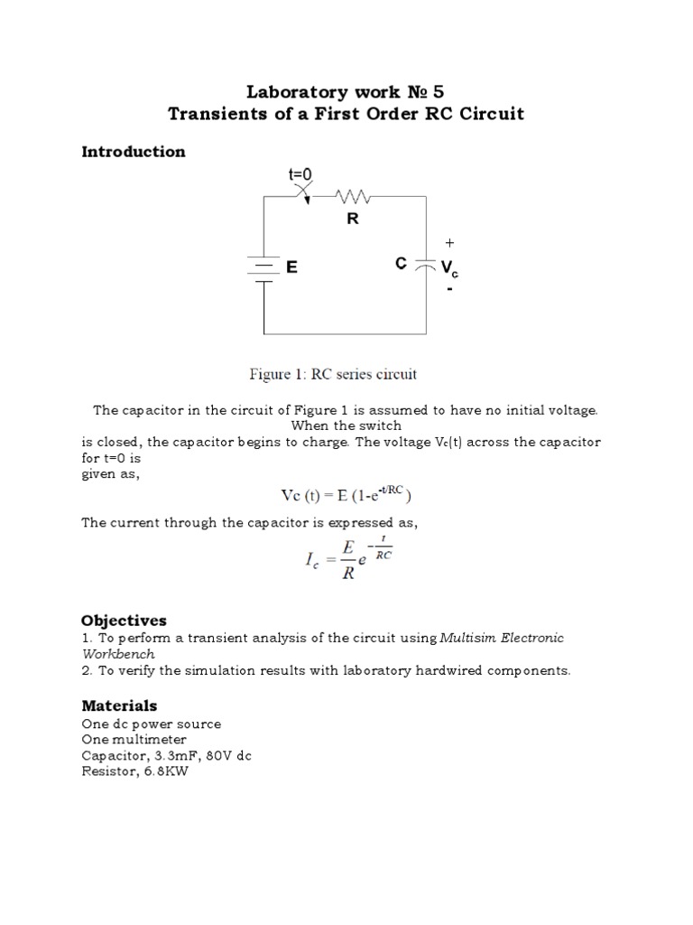 First Order RC Circuit Transient Analysis | PDF