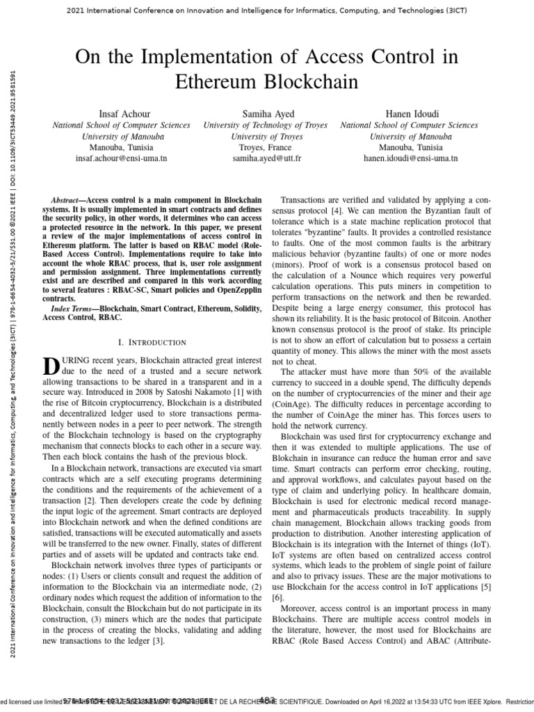 On The Implementation of Access Control in Ethereum Blockchain | PDF ...