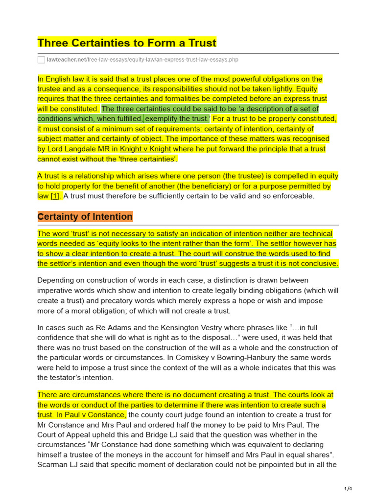 Three Certainties for Valid Trusts | PDF | English Trust Law | Legal ...