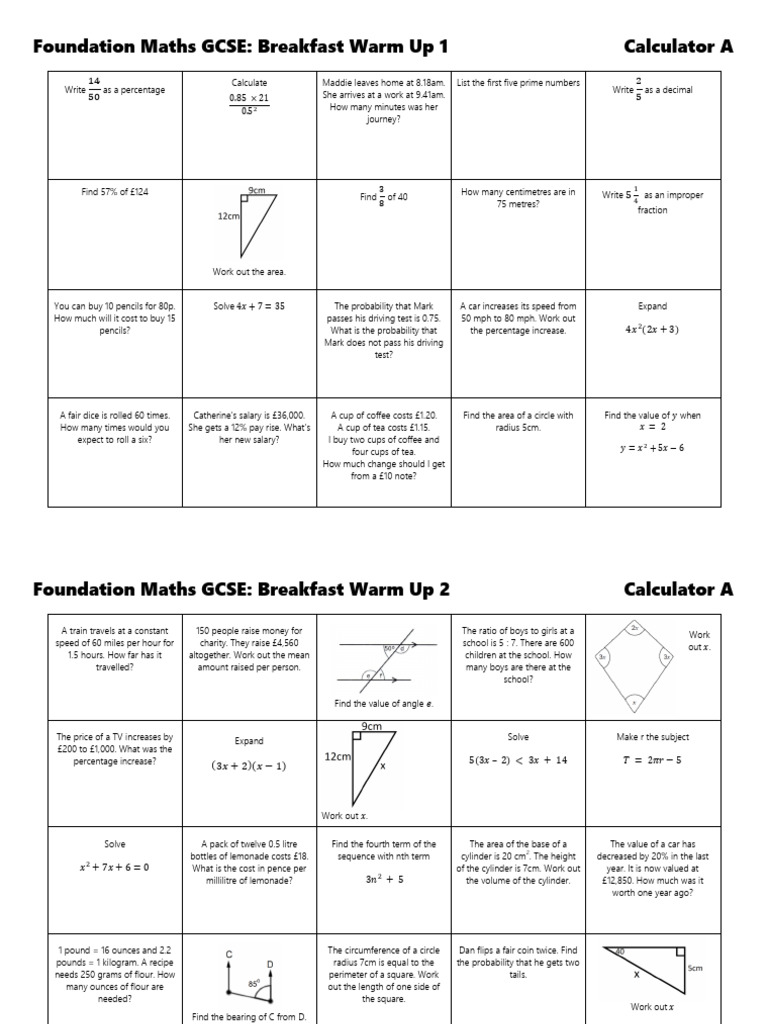 GCSE Maths Breakfast Warm Up Exercises | PDF | Area | Ratio