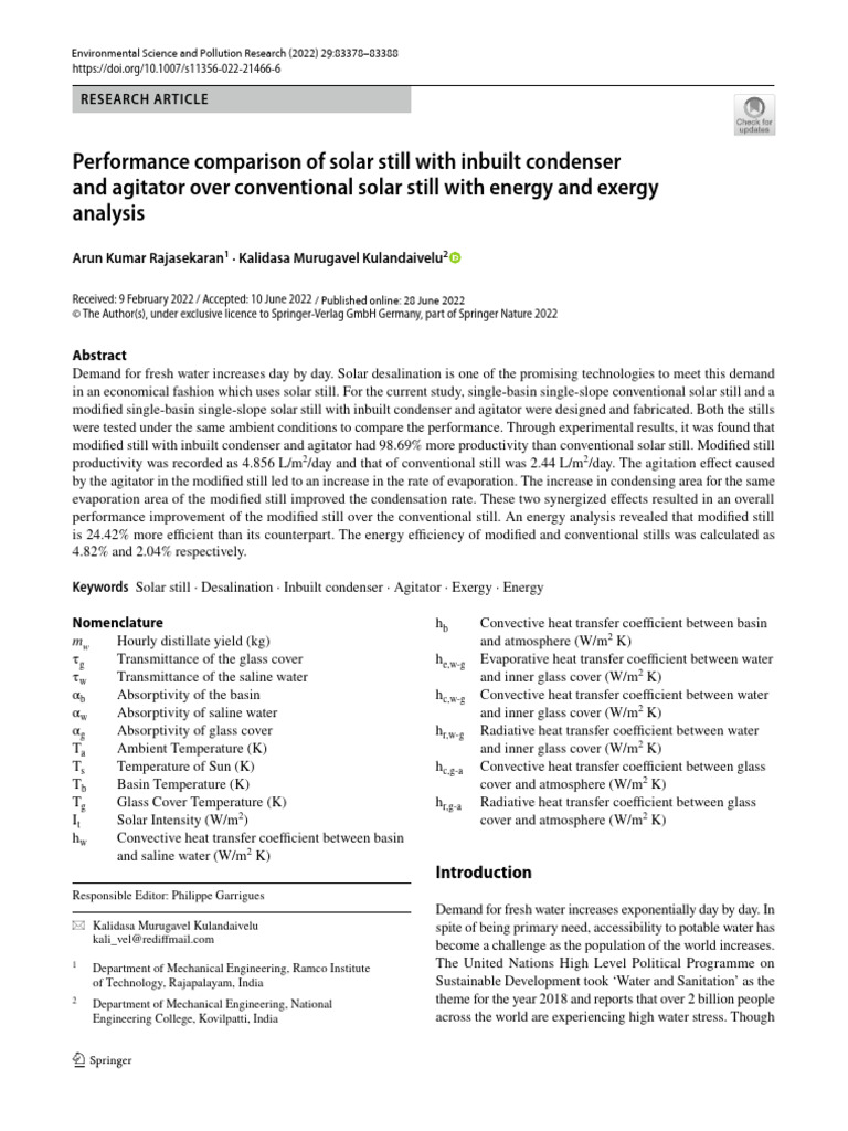 Solar Still Performance: Inbuilt Condenser & Agitator | PDF | Exergy ...