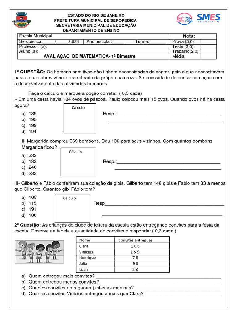 Avaliação de Matemática - 1º Bimestre | PDF