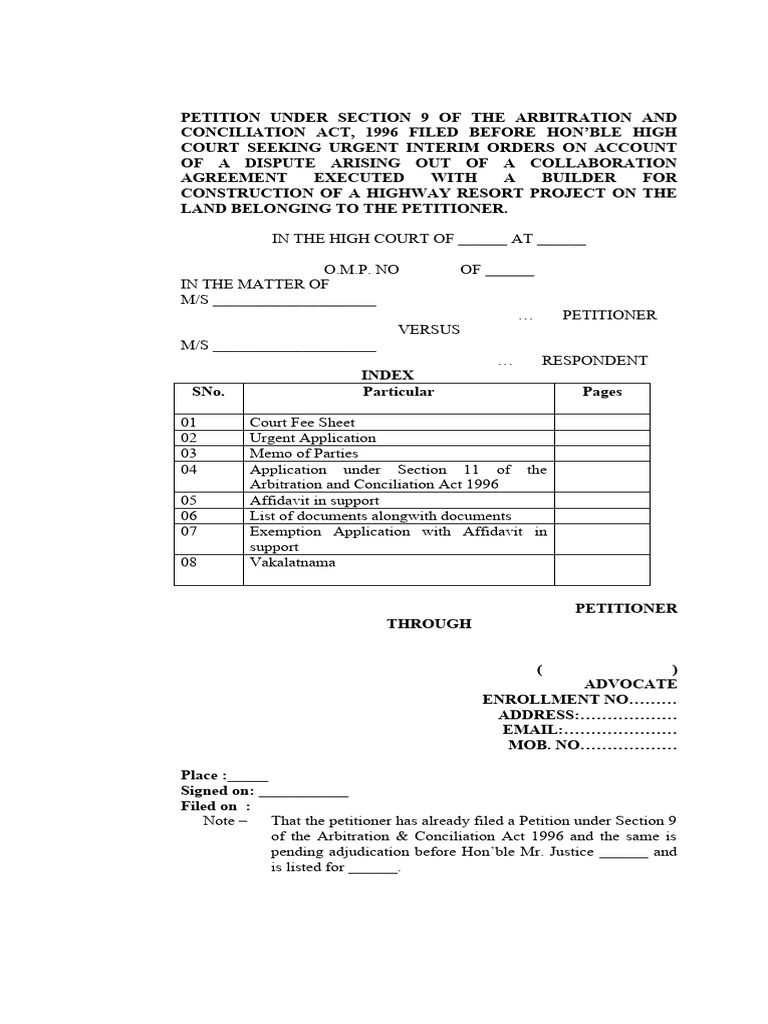 Section 9 Arbitration Petition Format | PDF | Arbitration | Arbitral ...