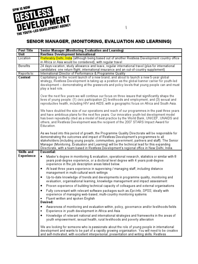 Senior Manager, M&E and Learning Role | PDF | Evaluation | Business