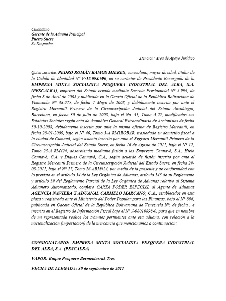 Carta Poder para Importación Aduanera | PDF | aduana | Venezuela