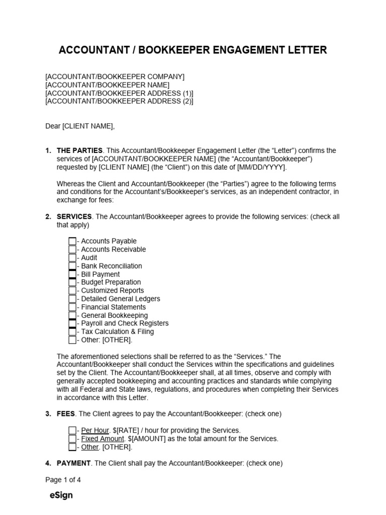 Accountant Bookkeeper Engagement Letter | PDF | Indemnity | Accounting