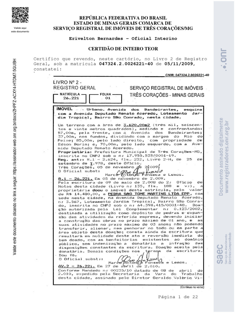 Certidão de Inteiro Teor - Três Corações | PDF