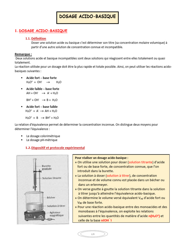 Dosage Acido-Basique : Méthodes et Applications | PDF | Titrage | Chimie