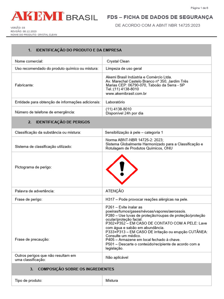 FDS (FISPQ) - Crystal - Clean | PDF | Embalagem e rotulagem
