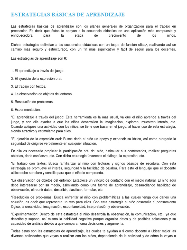 Estrategias de Aprendizaje en Preescolar | PDF | Aprendizaje ...