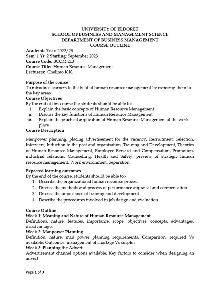 Human Resource Management Course Outline | PDF | Performance Appraisal ...