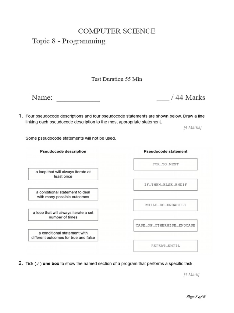 Programming Concepts and Pseudocode Test | PDF | Parameter (Computer ...