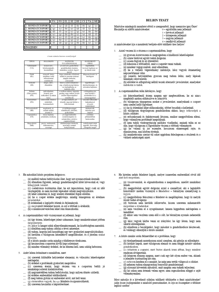 Belbin Teszt | PDF