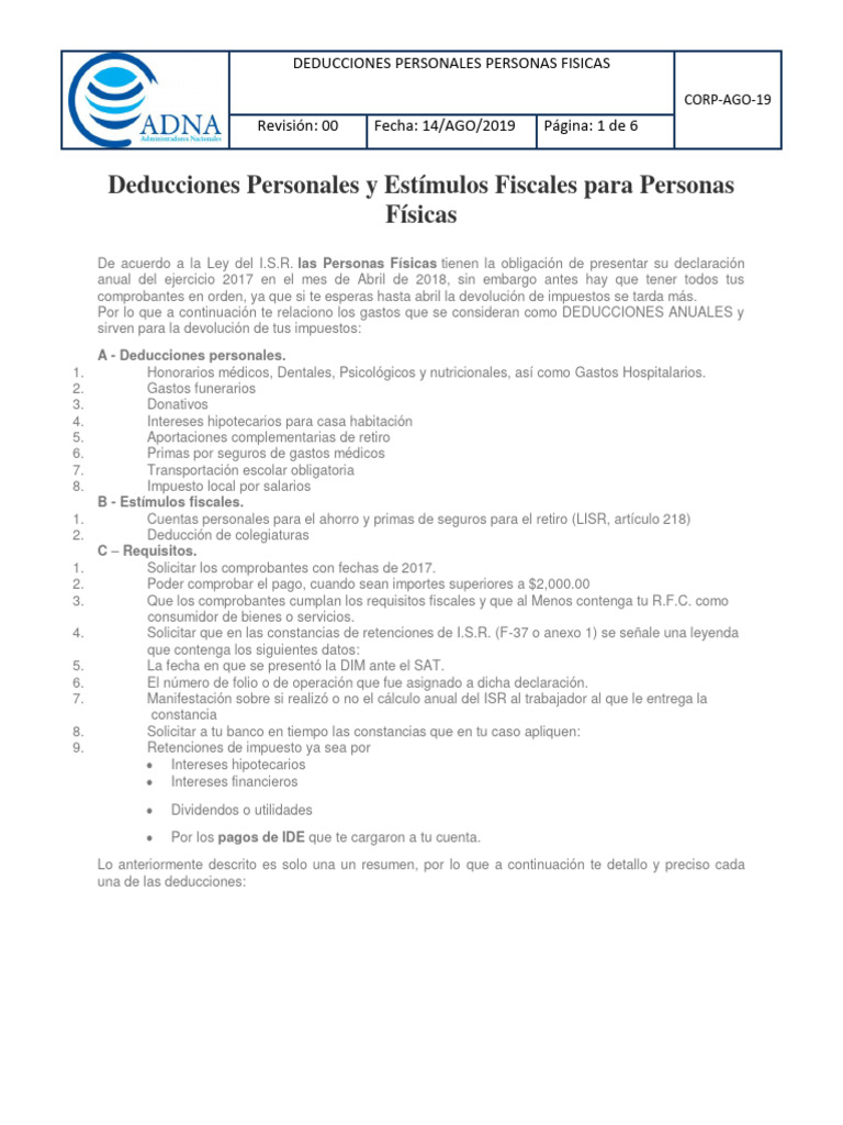 Deducciones Fiscales para Personas Físicas | PDF | Impuesto sobre la ...