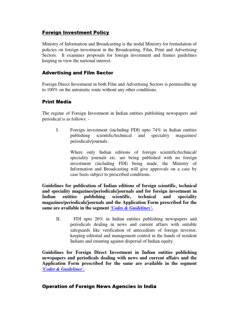 India Foreign Investment Guidelines | PDF | Foreign Direct Investment ...