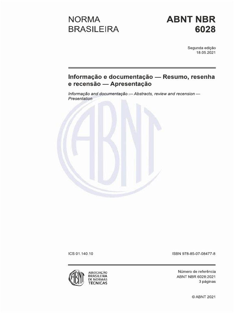 NBR 6028 2021 Informação e Documentação - Resumo, Resenha e Recensão | PDF