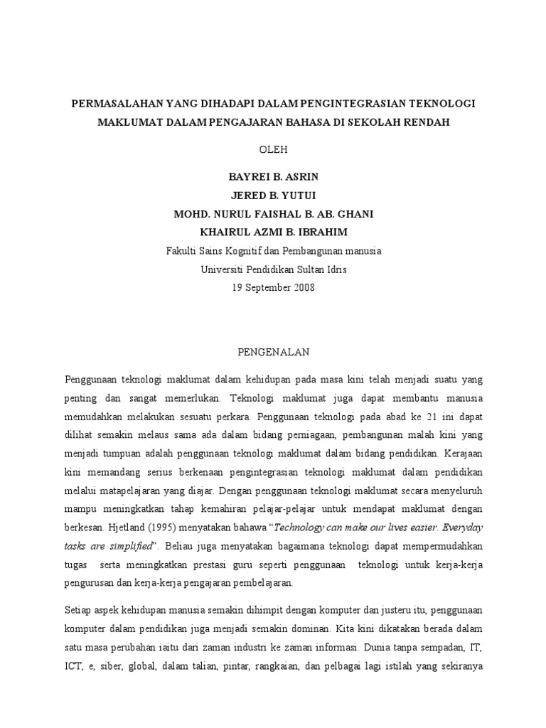 Permasalahan Yang Dihadapi Dalam Pengintegrasian Teknologi Maklumat Dalam Pengajaran Bahasa Di Sekolah Rendah Pdf
