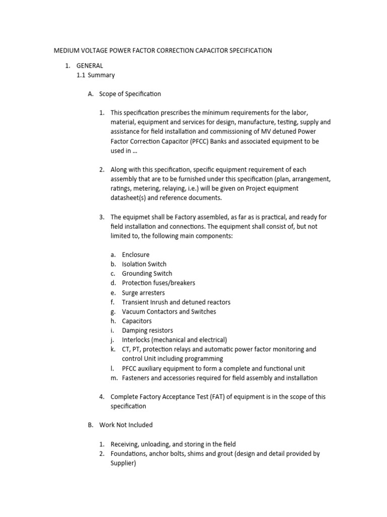 Medium Voltage Power Factor Correction Capacitor Specification | PDF ...