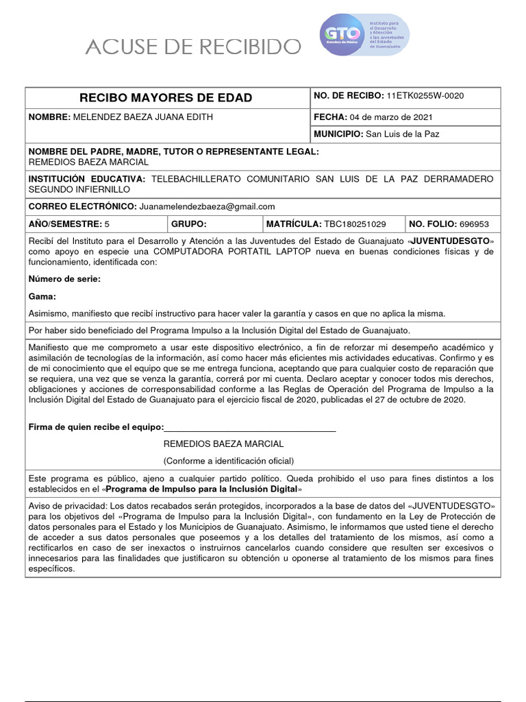 Recibo de Laptop Programa Inclusión Digital | PDF | Informática