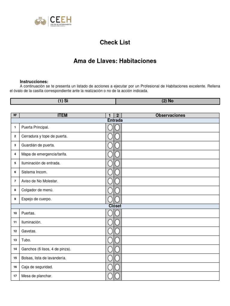 Check List Habitaciones | PDF