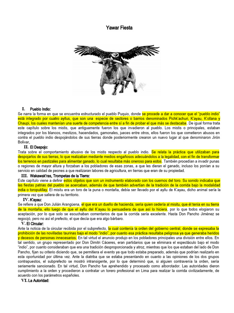 Yawar Fiesta: Tradición y Conflicto Indígena | PDF