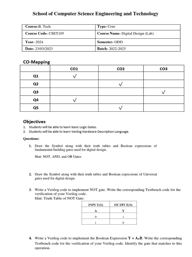 2024 CSET105 Digital Design Lab1 Thursday | PDF