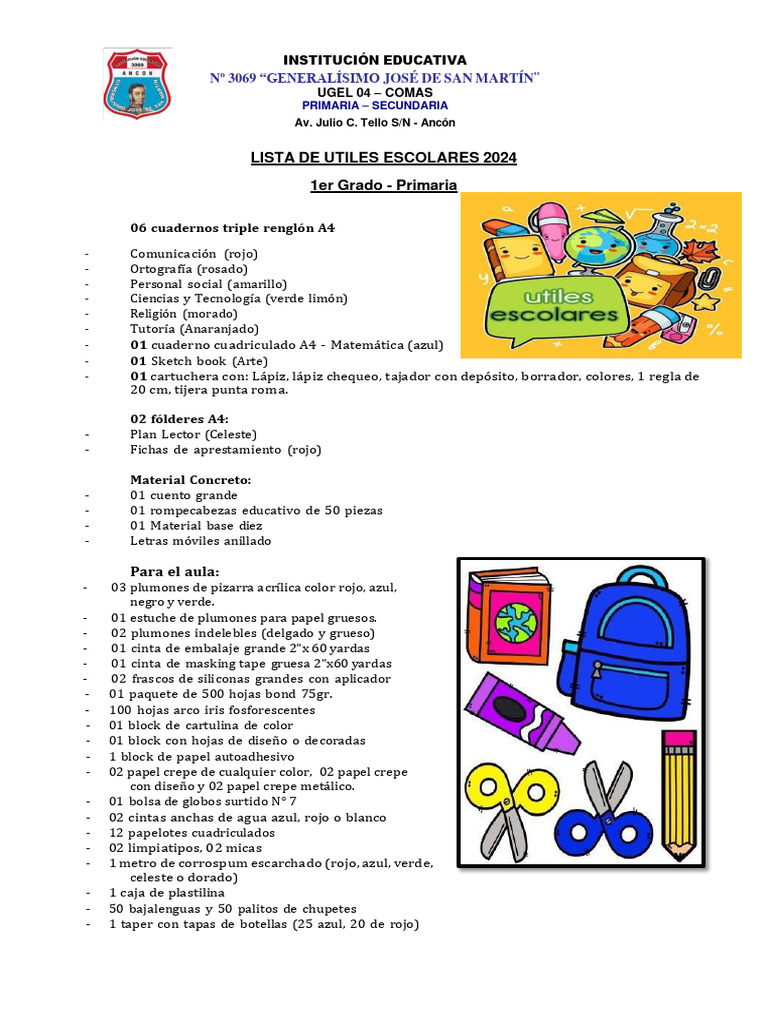 Lista de Útiles Escolares 2024 Primaria | PDF | Diseño gráfico | Arco iris