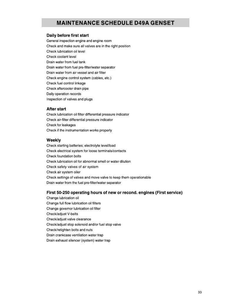 Maintenance Shcedule DG Volvo Penta California Star | PDF